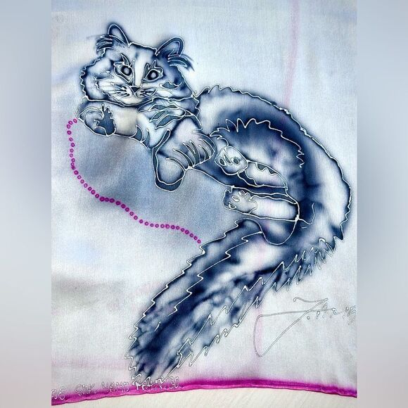 Hand painted silk scarf Persian cat scarf - signed -grey- silver-hot pink - Picture 5 of 5